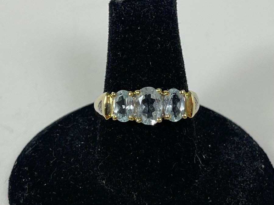 14K Gold Aquamarine Diamond Ring Size 7.5 3.3g FMV $250 Retails $750 [Photo 2]