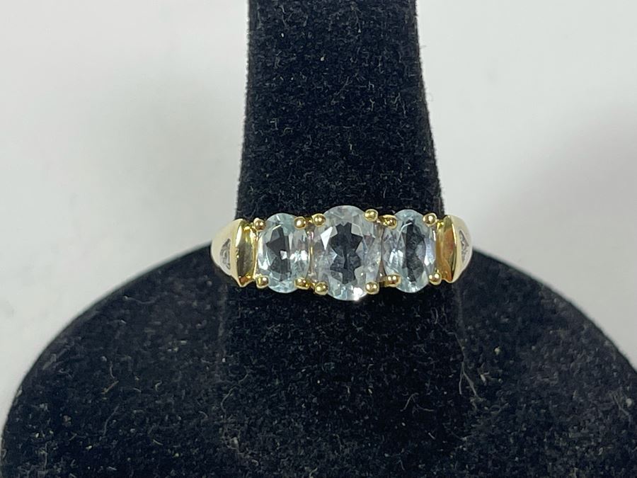 14K Gold Aquamarine Diamond Ring Size 7.5 3.3g FMV $250 Retails $750 [Photo 1]