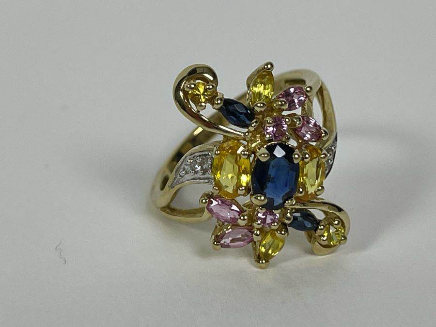10K Gold Sapphire Diamond Ring Size 7.5 3.6g [Photo 19]