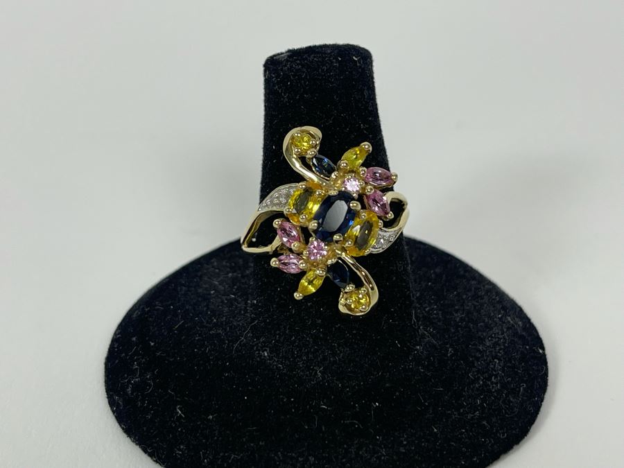 10K Gold Sapphire Diamond Ring Size 7.5 3.6g [Photo 6]