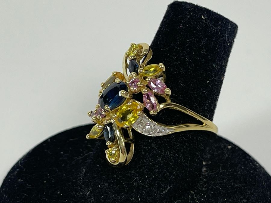 10K Gold Sapphire Diamond Ring Size 7.5 3.6g [Photo 5]