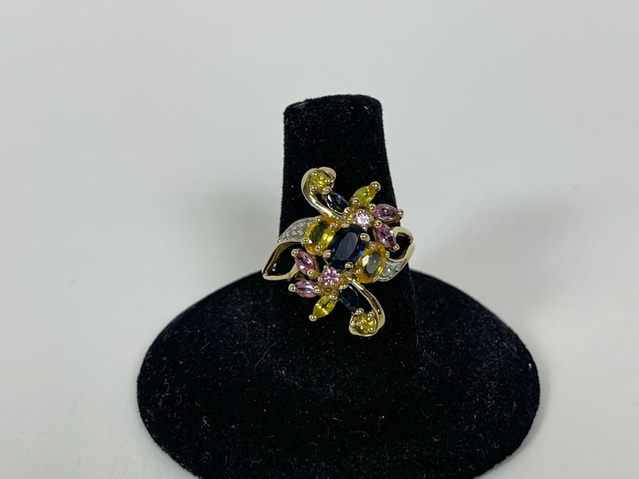 10K Gold Sapphire Diamond Ring Size 7.5 3.6g [Photo 9]