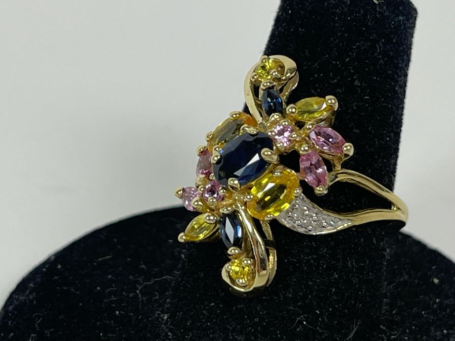 10K Gold Sapphire Diamond Ring Size 7.5 3.6g [Photo 13]