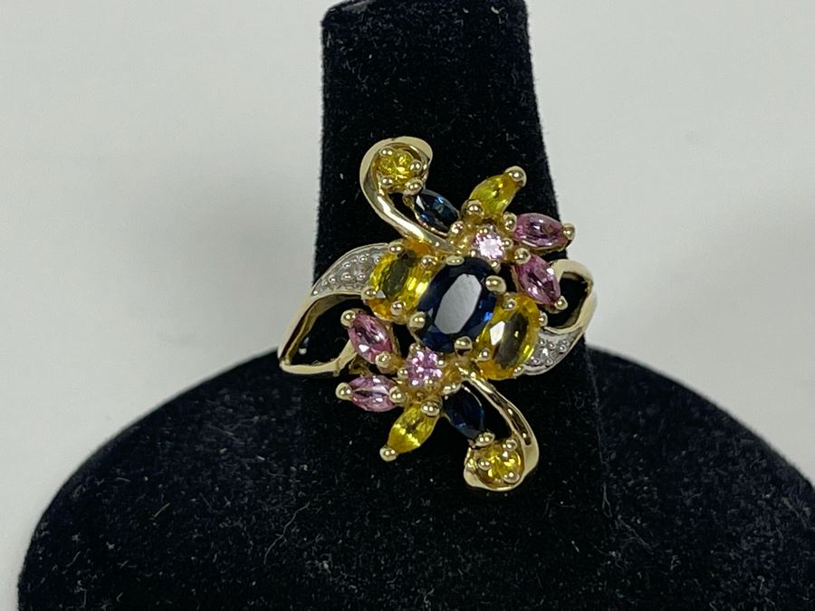 10K Gold Sapphire Diamond Ring Size 7.5 3.6g [Photo 3]