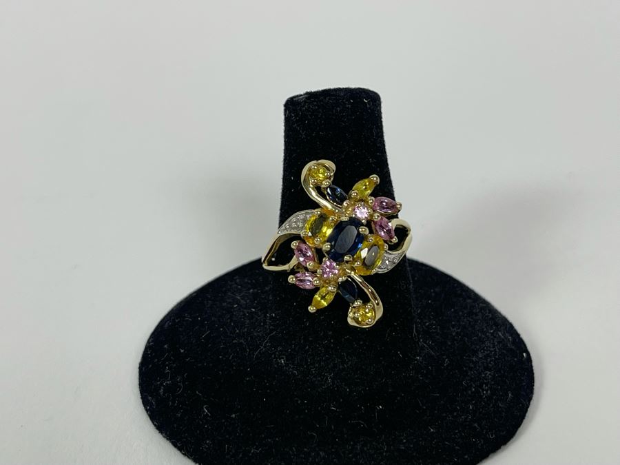 10K Gold Sapphire Diamond Ring Size 7.5 3.6g [Photo 8]