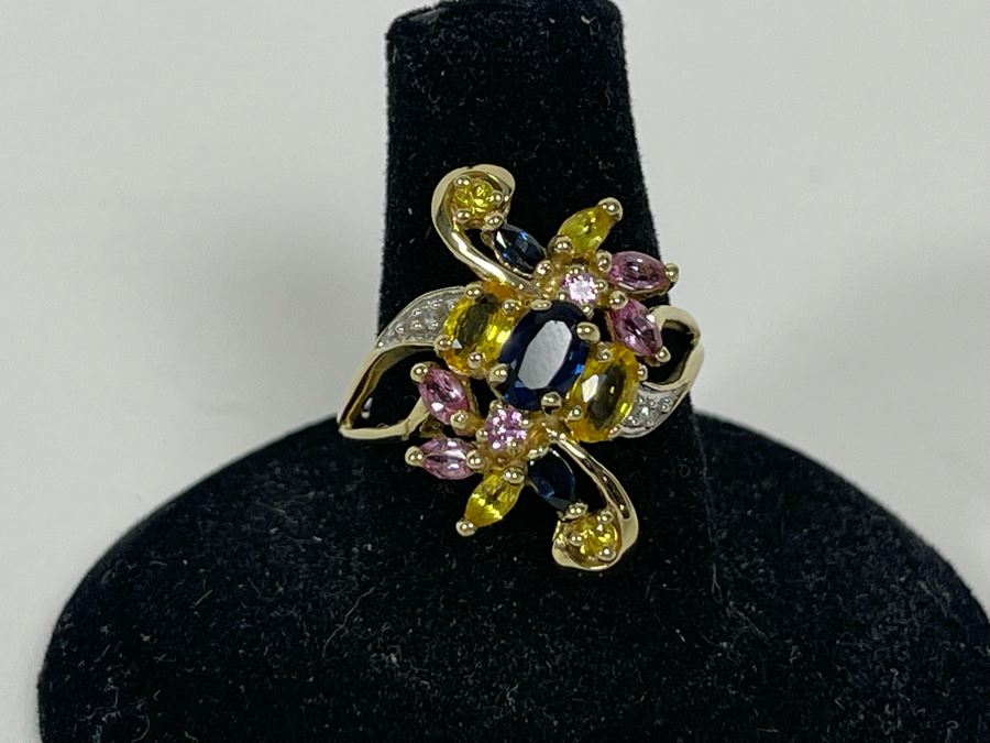 10K Gold Sapphire Diamond Ring Size 7.5 3.6g [Photo 2]