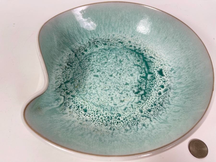 Signed Asian Art Pottery Bowl Wave Design 10.5W X 10D X 3H