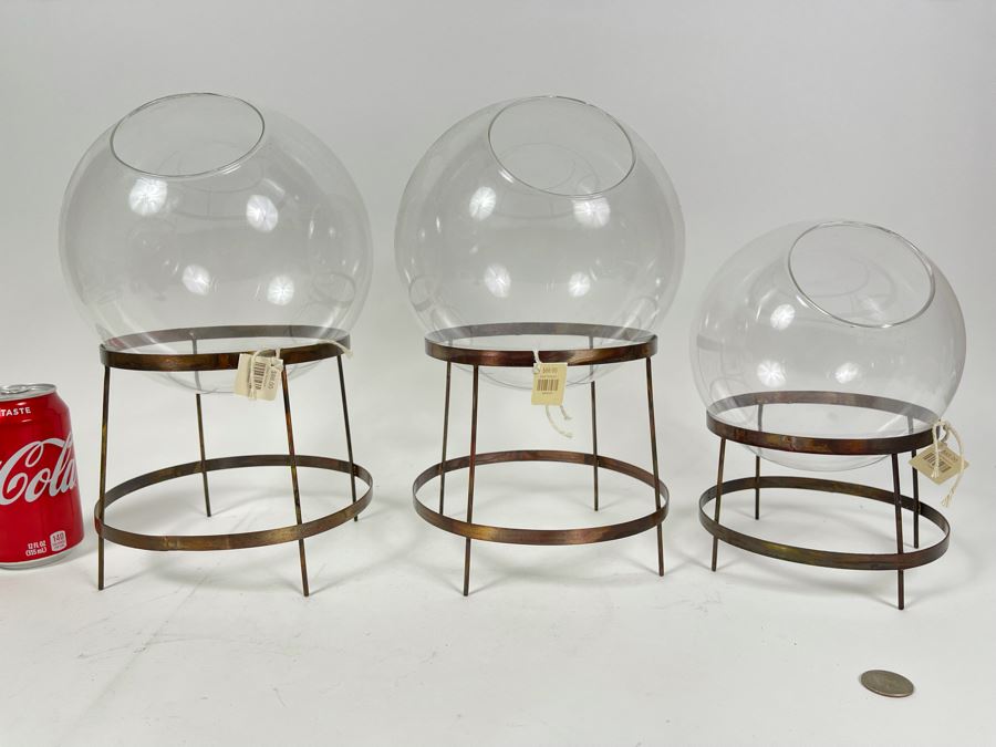 Set Of Three Glass Terrariums With Metal Stands 8W X 13H Retails $240 [Photo 2]