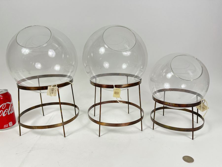 Set Of Three Glass Terrariums With Metal Stands 8W X 13H Retails $240 [Photo 4]