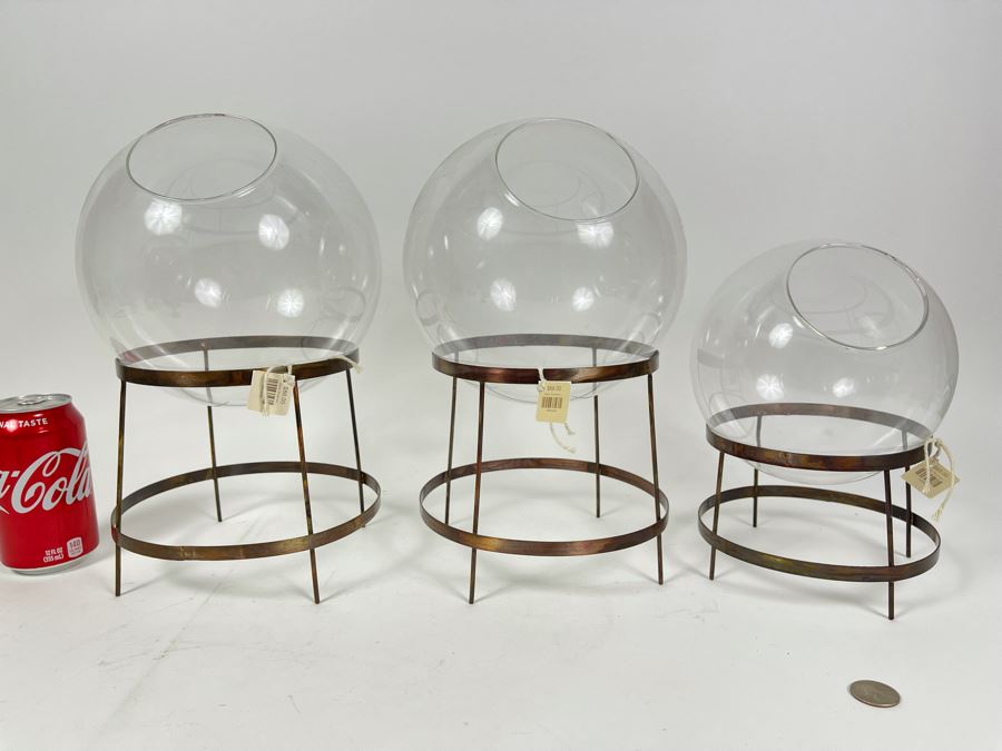Set Of Three Glass Terrariums With Metal Stands 8W X 13H Retails $240 [Photo 3]