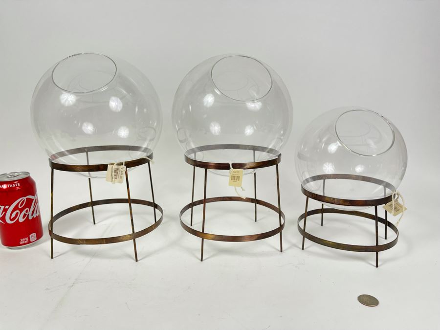 Set Of Three Glass Terrariums With Metal Stands 8W X 13H Retails $240