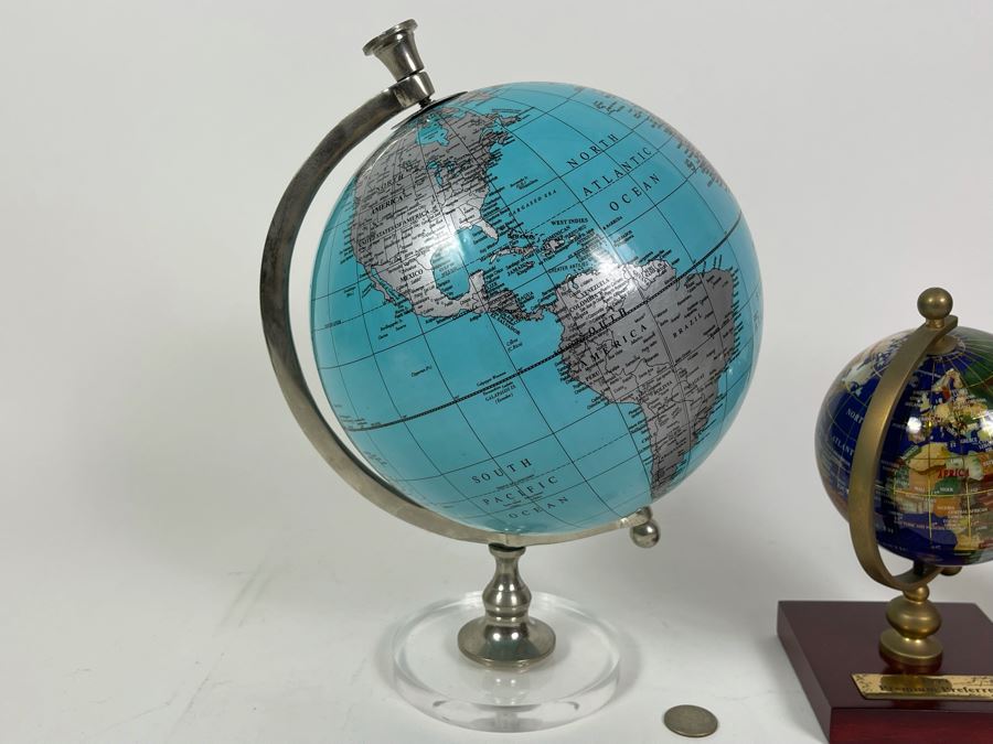 Pair Of Small Desk Globes One With Inlaid Semi-Precious Stones 12H And 8H [Photo 5]