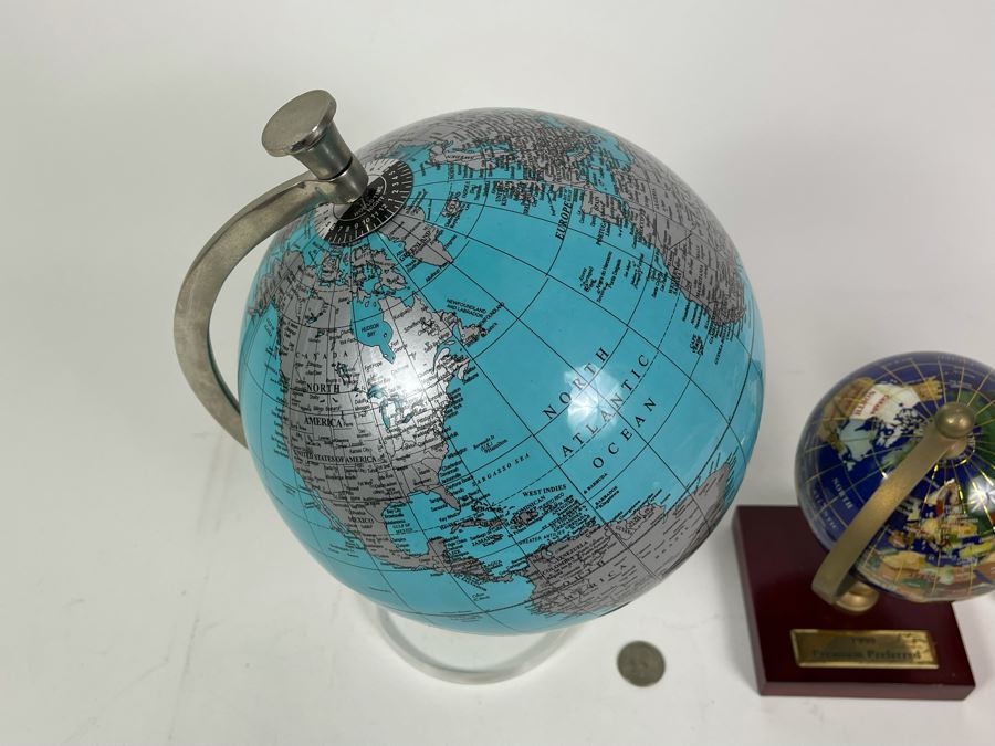 Pair Of Small Desk Globes One With Inlaid Semi-Precious Stones 12H And 8H [Photo 6]