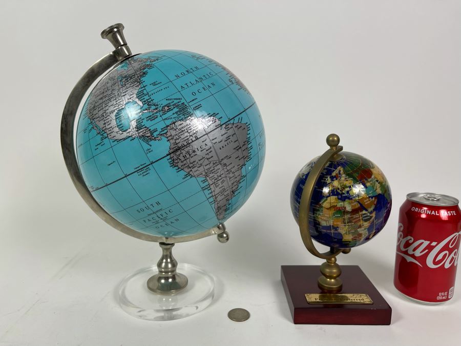 Pair Of Small Desk Globes One With Inlaid Semi-Precious Stones 12H And 8H [Photo 2]