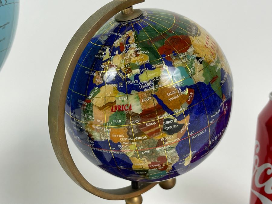 Pair Of Small Desk Globes One With Inlaid Semi-Precious Stones 12H And 8H [Photo 3]
