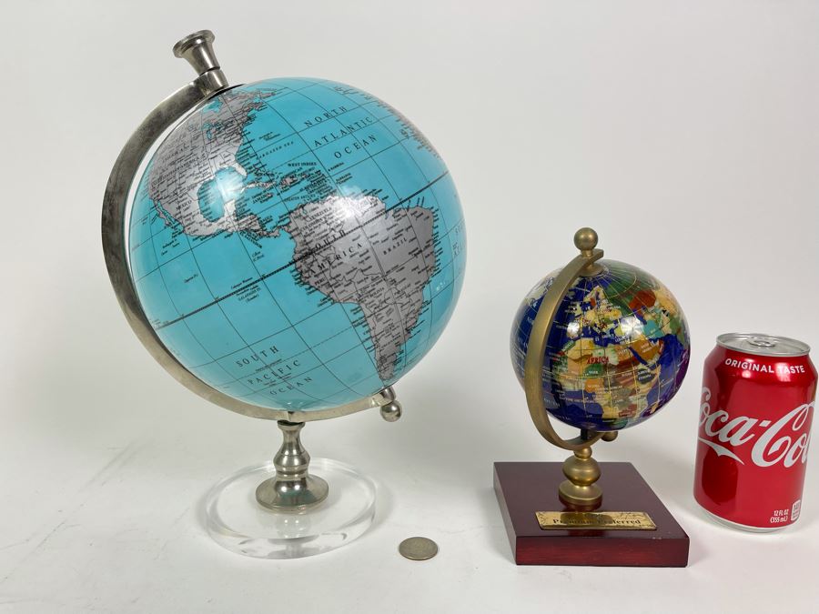 Pair Of Small Desk Globes One With Inlaid Semi-Precious Stones 12H And 8H [Photo 1]