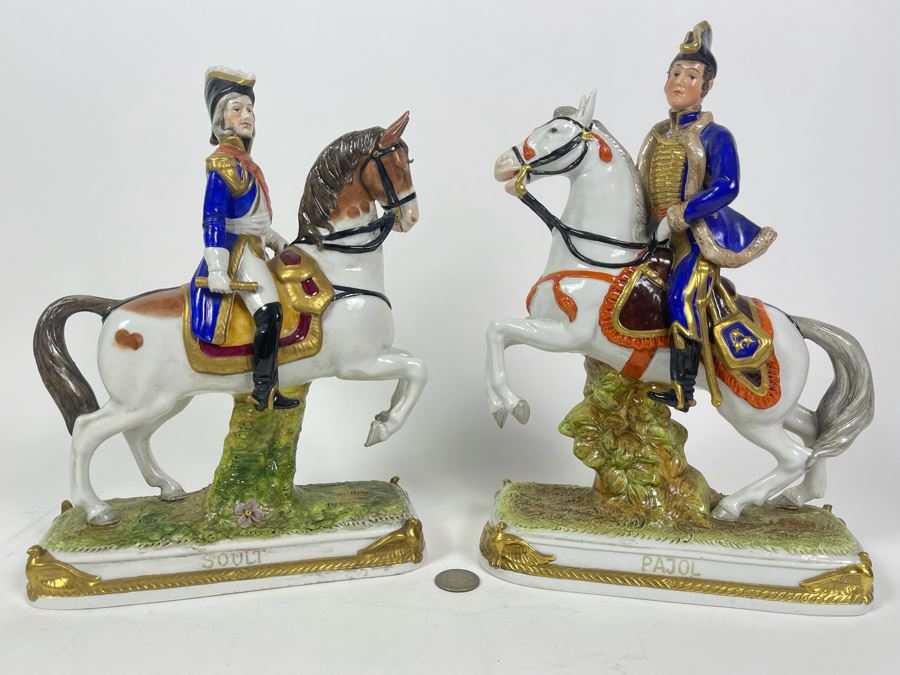 Pair Of Handpainted Porcelain Horses Figurines Titled Soult And Pajol Made In German Democratic Republic 9W X 4.5D X 12H [Photo 1]