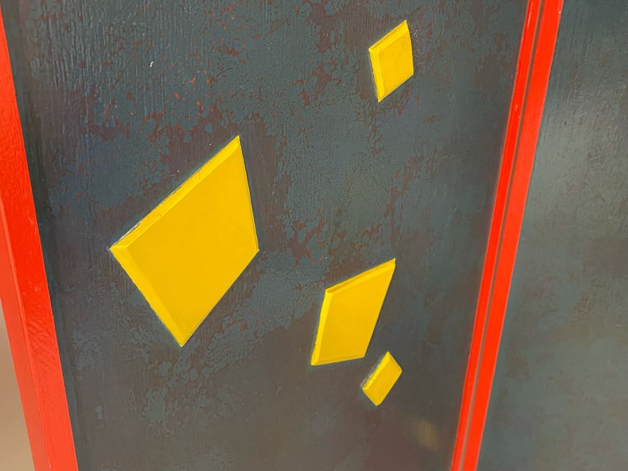 Original Hand Signed Pair Of David Lavington Sculptural Art Folding Screens Adorned With Geometric Yellow Shapes On One Side And Jigsaw Puzzle Pieces On The Other Each Signed On The Bottom 68'W X 79.5'H Retails $5,000 [Photo 5]