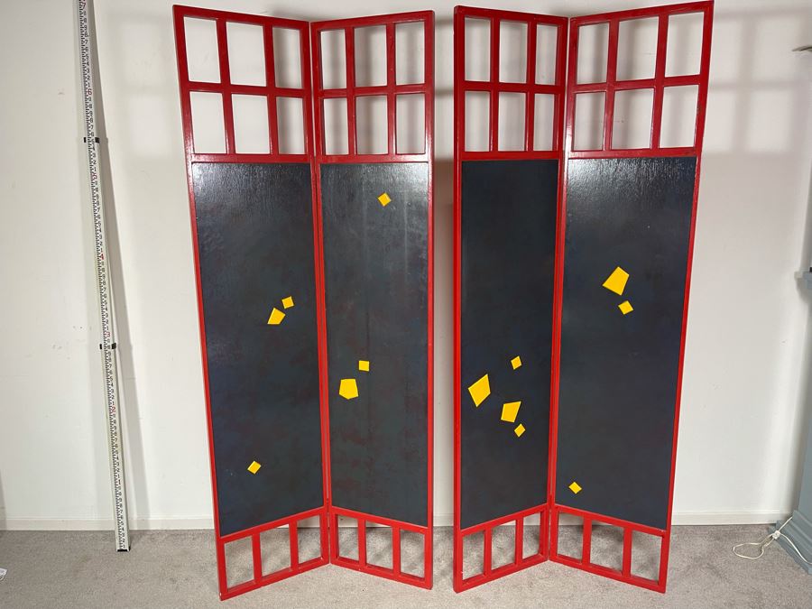 Original Hand Signed Pair Of David Lavington Sculptural Art Folding Screens Adorned With Geometric Yellow Shapes On One Side And Jigsaw Puzzle Pieces On The Other Each Signed On The Bottom 68'W X 79.5'H Retails $5,000 [Photo 3]