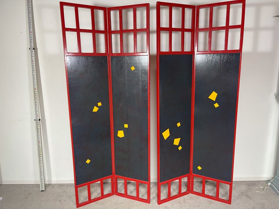 Original Hand Signed Pair Of David Lavington Sculptural Art Folding Screens Adorned With Geometric Yellow Shapes On One Side And Jigsaw Puzzle Pieces On The Other Each Signed On The Bottom 68'W X 79.5'H Retails $5,000 [Photo 4]