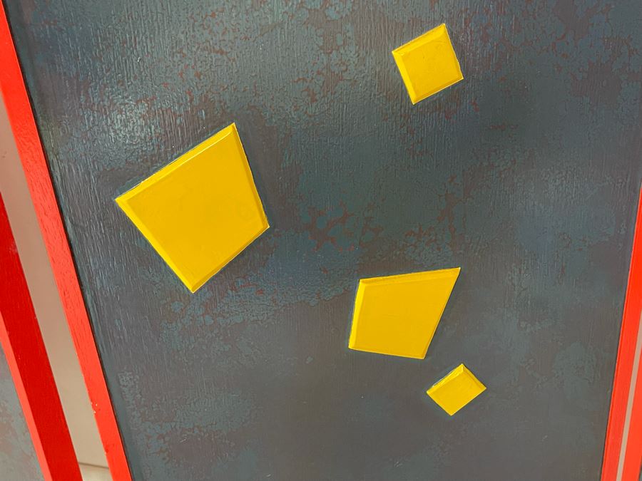 Original Hand Signed Pair Of David Lavington Sculptural Art Folding Screens Adorned With Geometric Yellow Shapes On One Side And Jigsaw Puzzle Pieces On The Other Each Signed On The Bottom 68'W X 79.5'H Retails $5,000 [Photo 6]