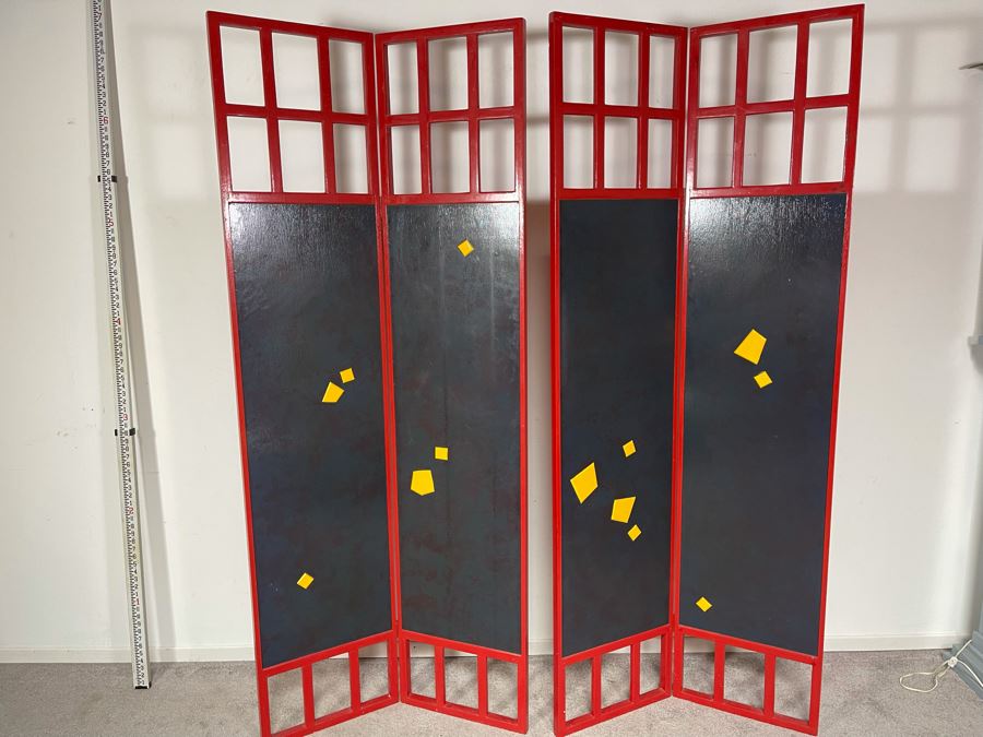 Original Hand Signed Pair Of David Lavington Sculptural Art Folding Screens Adorned With Geometric Yellow Shapes On One Side And Jigsaw Puzzle Pieces On The Other Each Signed On The Bottom 68'W X 79.5'H Retails $5,000 [Photo 1]