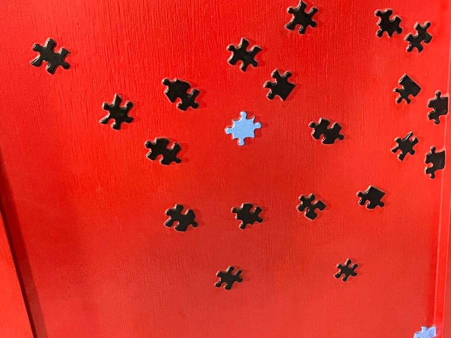 Original Hand Signed Pair Of David Lavington Sculptural Art Folding Screens Adorned With Geometric Yellow Shapes On One Side And Jigsaw Puzzle Pieces On The Other Each Signed On The Bottom 68'W X 79.5'H Retails $5,000 [Photo 12]