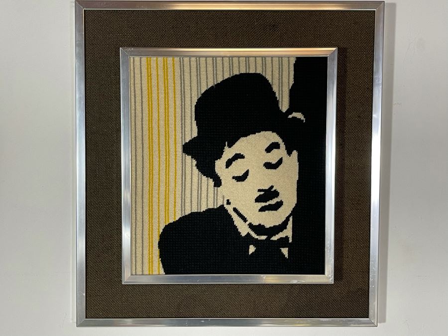 Handmade Mid-Century Charlie Chaplin Embroidery Artwork In Frame 19 X 20 [Photo 2]