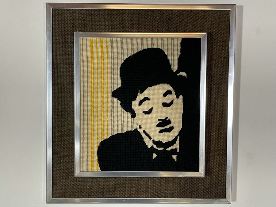 Handmade Mid-Century Charlie Chaplin Embroidery Artwork In Frame 19 X 20 [Photo 1]