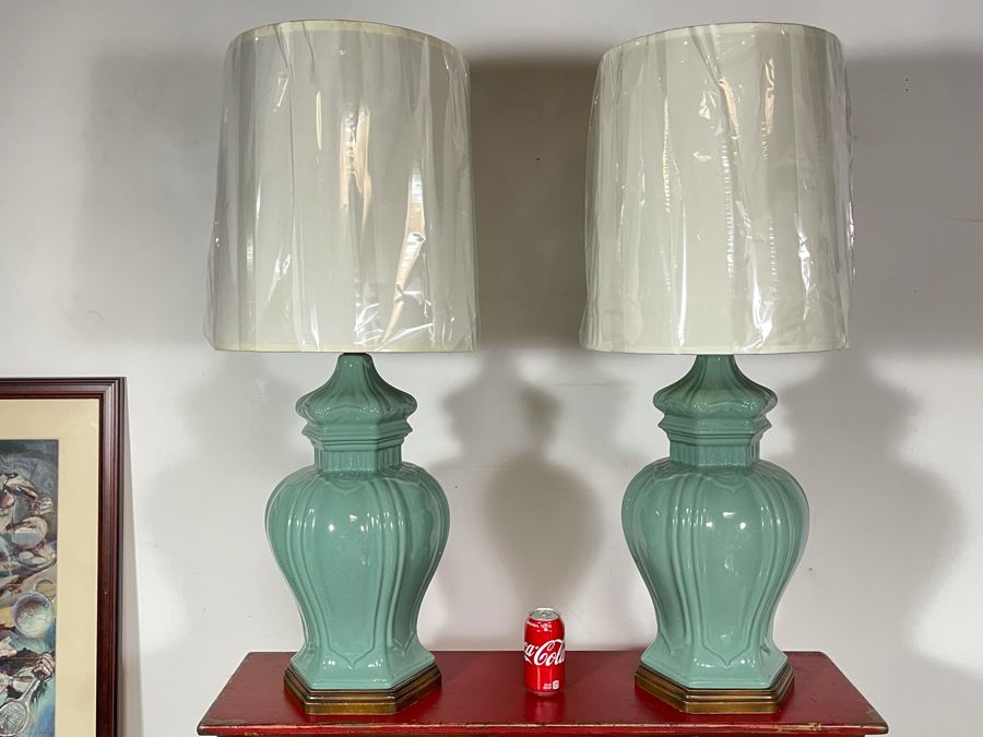 Pair Of Large Glazed Asian Style Pottery Table Lamps 39H [Photo 1]