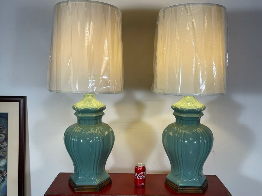 Pair Of Large Glazed Asian Style Pottery Table Lamps 39H [Photo 3]