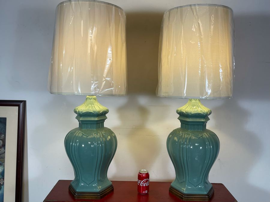 Pair Of Large Glazed Asian Style Pottery Table Lamps 39H [Photo 4]