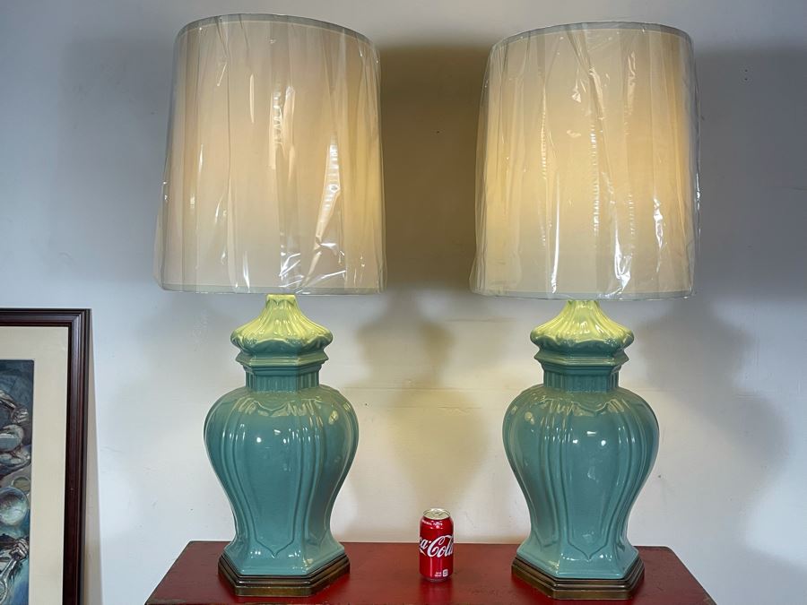 Pair Of Large Glazed Asian Style Pottery Table Lamps 39H [Photo 5]