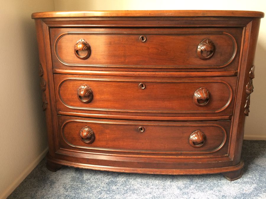 Victorian Three Drawer Dresser, Carved Pulls, Curved [Photo 1]