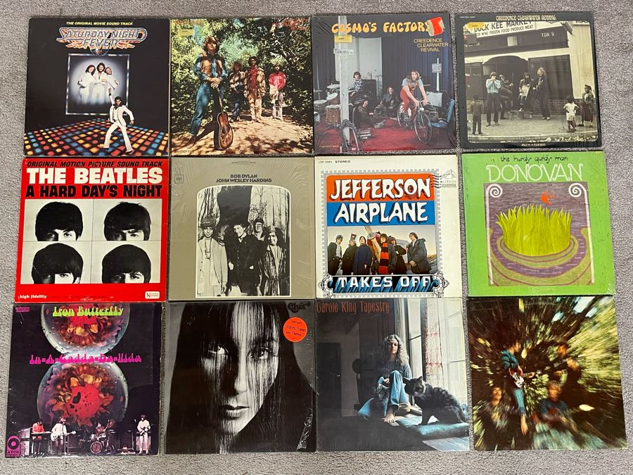 Vintage Vinyl Record Collection Featuring The Beatles, Creedence Clearwater Revival, Bob Dylan, Saturday Night Fever - 12 Records