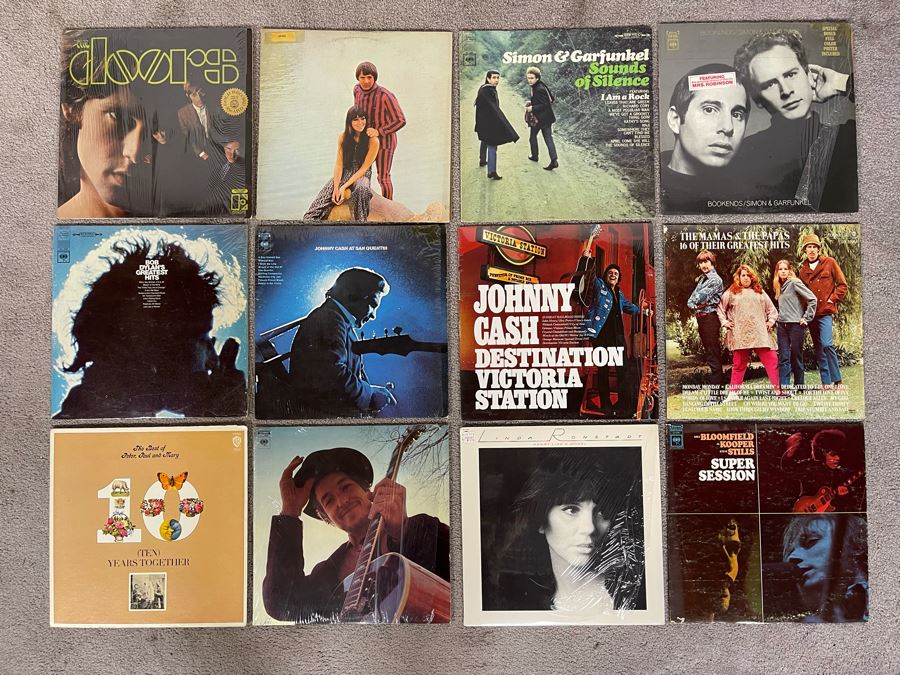 Vintage Vinyl Record Collection Featuring The Doors, Johnny Cash, Bob Dylan, Simon & Garfunkel - 12 Records