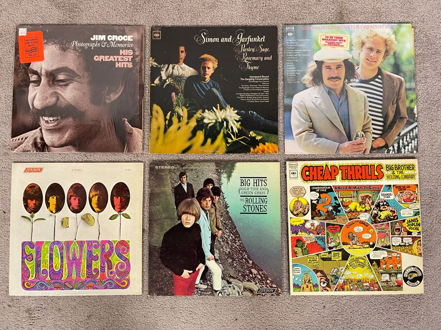 Vintage Vinyl Record Collection Featuring The Rolling Stones Flowers, The Rolling Stones Big Hits, Big Brother & The Holding Company, Simon & Garfunkel - 6 Records [Photo 1]