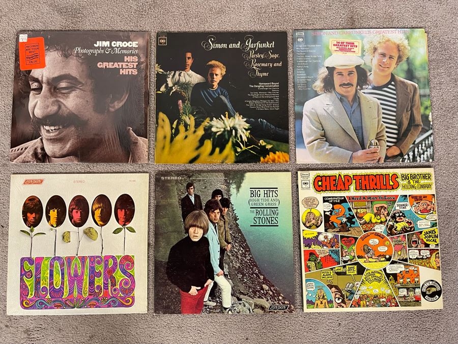 Vintage Vinyl Record Collection Featuring The Rolling Stones Flowers, The Rolling Stones Big Hits, Big Brother & The Holding Company, Simon & Garfunkel - 6 Records [Photo 2]