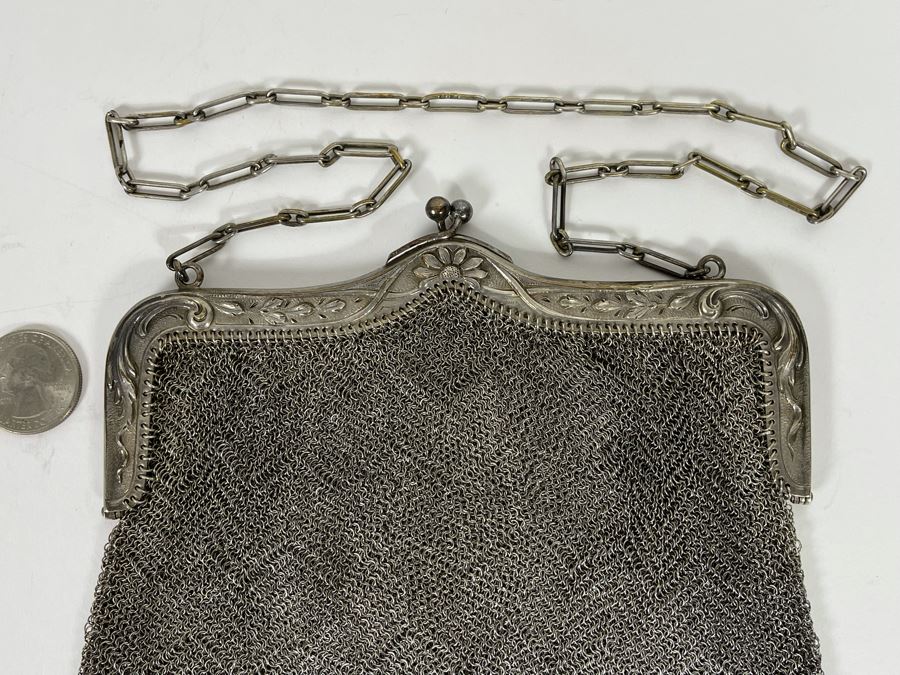 Antique Sterling Silver Mesh Purse Signed 6W X 7H - 266g [Photo 3]