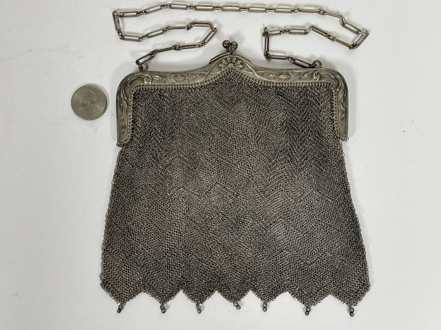 Antique Sterling Silver Mesh Purse Signed 6W X 7H - 266g [Photo 2]