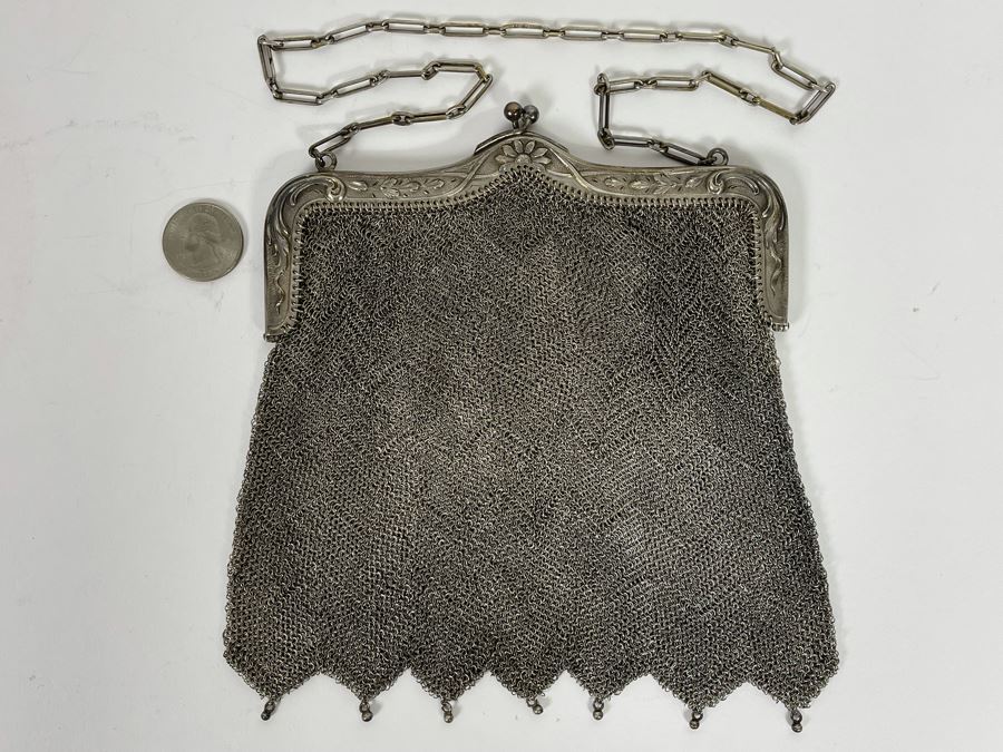 Antique Sterling Silver Mesh Purse Signed 6W X 7H - 266g
