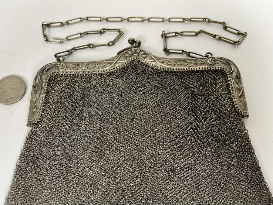 Antique Sterling Silver Mesh Purse Signed 6W X 7H - 266g [Photo 8]