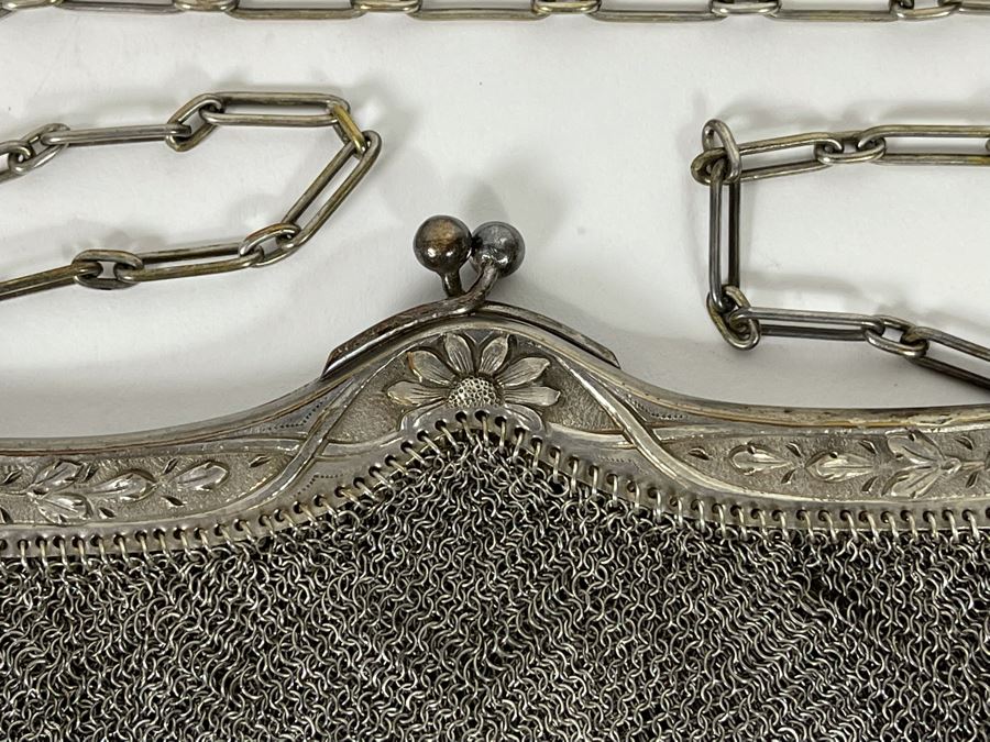 Antique Sterling Silver Mesh Purse Signed 6W X 7H - 266g [Photo 4]