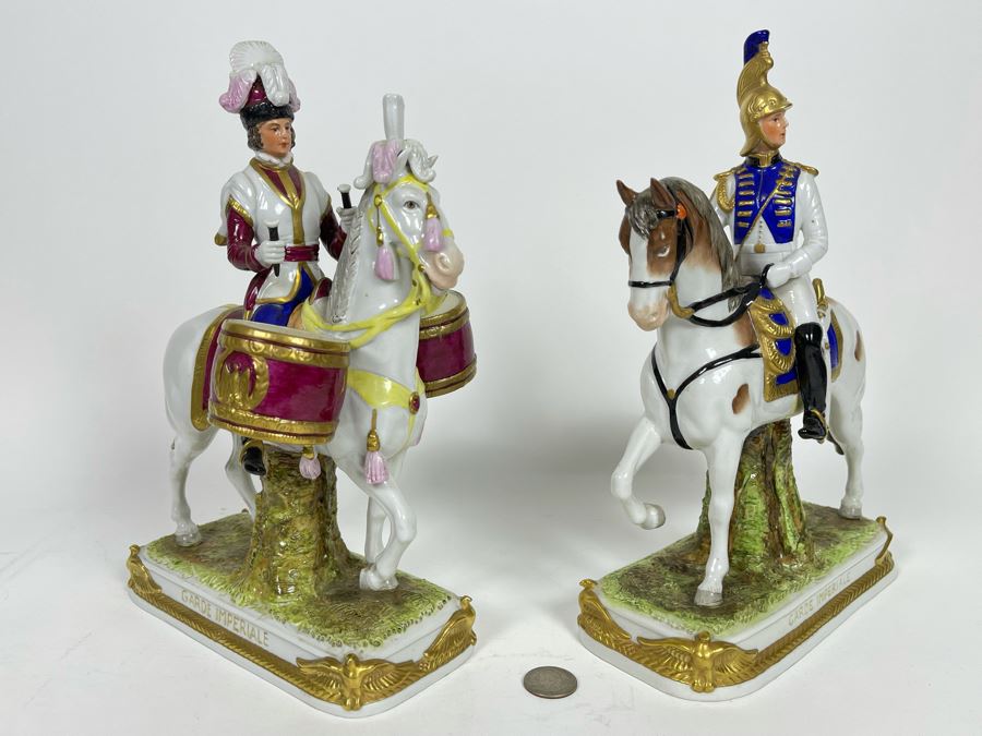 Pair Of Handpainted Saxon Porcelain French Napoleonic Soldier Figurines From Scheibe Alsbach - Thuringia Signed Horses Titled Garde Imperiale Made In German Democratic Republic (GDR) 3W X 3.5D X 11.5H
