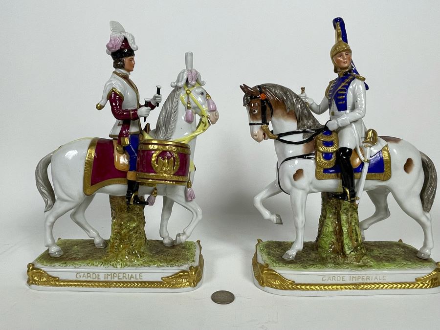 Pair Of Handpainted Saxon Porcelain French Napoleonic Soldier Figurines From Scheibe Alsbach - Thuringia Signed Horses Titled Garde Imperiale Made In German Democratic Republic (GDR) 3W X 3.5D X 11.5H [Photo 2]
