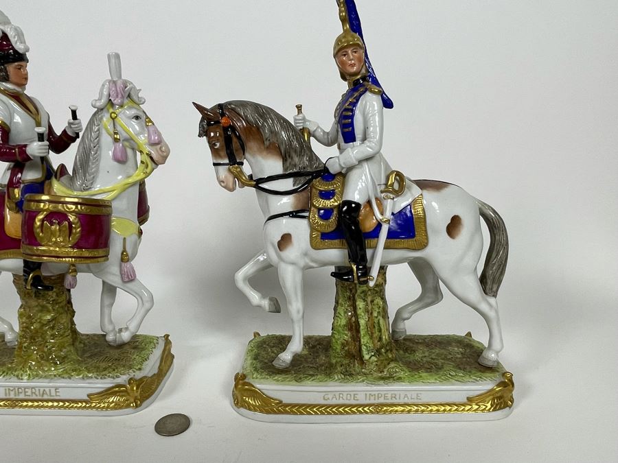 Pair Of Handpainted Saxon Porcelain French Napoleonic Soldier Figurines From Scheibe Alsbach - Thuringia Signed Horses Titled Garde Imperiale Made In German Democratic Republic (GDR) 3W X 3.5D X 11.5H [Photo 4]