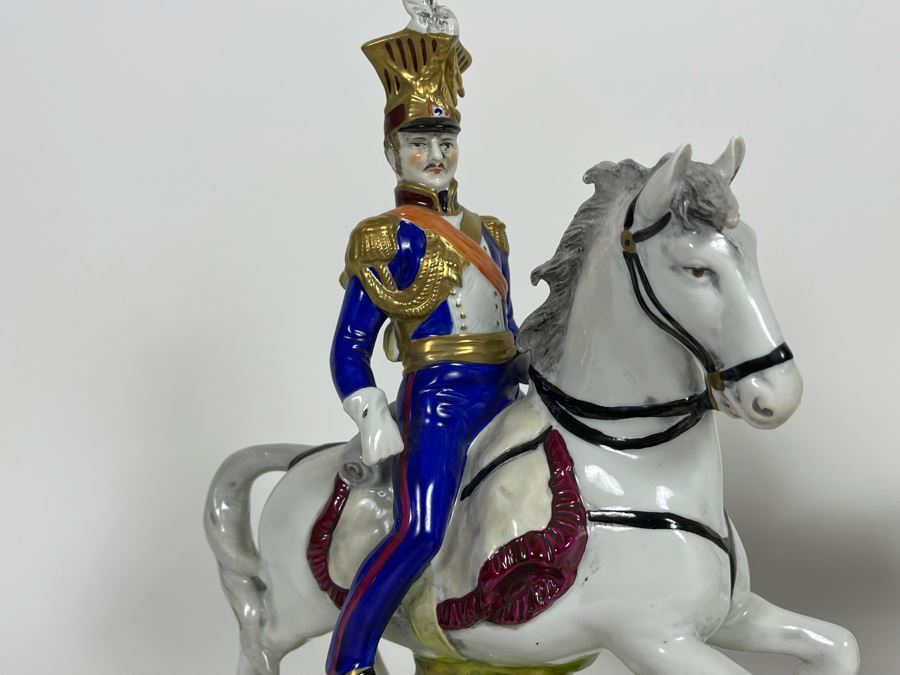 Pair Of Handpainted Saxon Porcelain French Napoleonic Soldier Figurines From Scheibe Alsbach - Thuringia Signed Horses Titled Poniatowski And Pully Made In German Democratic Republic (GDR) 3W X 3.5D X 11.5H [Photo 5]