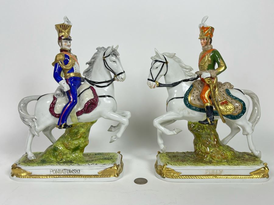 Pair Of Handpainted Saxon Porcelain French Napoleonic Soldier Figurines From Scheibe Alsbach - Thuringia Signed Horses Titled Poniatowski And Pully Made In German Democratic Republic (GDR) 3W X 3.5D X 11.5H