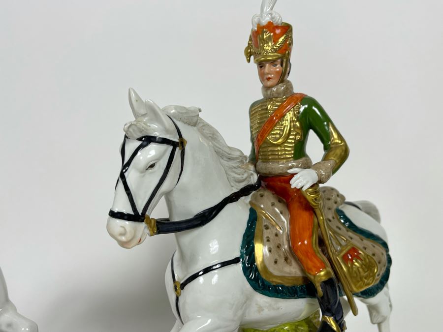 Pair Of Handpainted Saxon Porcelain French Napoleonic Soldier Figurines From Scheibe Alsbach - Thuringia Signed Horses Titled Poniatowski And Pully Made In German Democratic Republic (GDR) 3W X 3.5D X 11.5H [Photo 6]