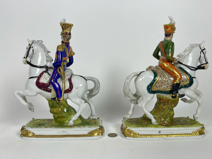 Pair Of Handpainted Saxon Porcelain French Napoleonic Soldier Figurines From Scheibe Alsbach - Thuringia Signed Horses Titled Poniatowski And Pully Made In German Democratic Republic (GDR) 3W X 3.5D X 11.5H [Photo 7]